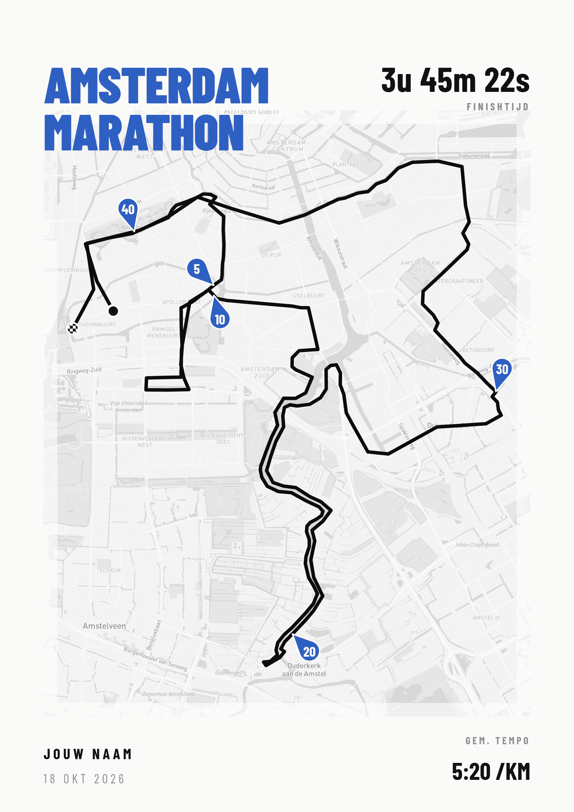Voorbeeld van de Amsterdam Marathon 2026 poster met parcours, naam en eindtijd
