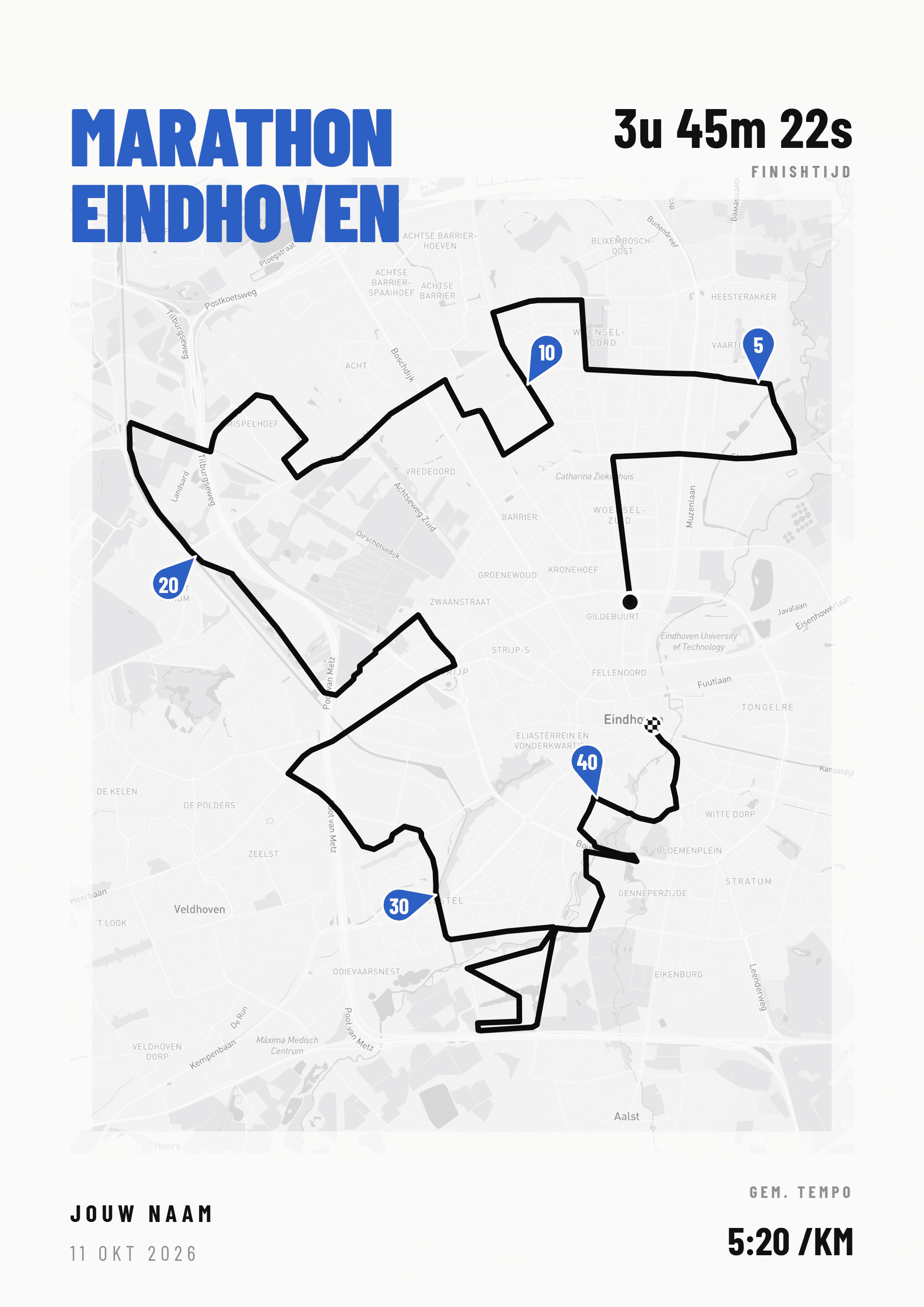 Voorbeeld van de Marathon Eindhoven 2026 poster met parcours, naam en eindtijd